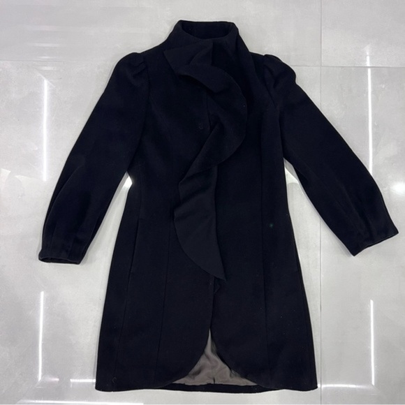 Sisley Cashmere Wool Pea Coat Jkt Blazer Black Velvet Soft Ruffle Snap Up Small - Picture 12 of 13